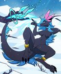 2017 anthro blitzdrachin blue_eyes breasts claws cyan_hair detailed_background dragon feets female flower fluffy hi_res lying nipples nude paws plant pussy raolin_(character) smile snow solo winter 
