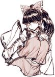  ascot black_hair bow breasts detached_sleeves hair_bow hair_tubes hakurei_reimu japanese_clothes large_breasts limited_palette long_sleeves looking_at_viewer nontraditional_miko scowl solo space_jin spot_color touhou wide_sleeves 