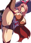  1girl arc_system_works artist_request ass bare_shoulders black_panties black_sclera blazblue blazblue:_central_fiction breasts cameltoe cape detached_sleeves dress gloves hair_over_one_eye hat high_kick huge_breasts kicking konoe_a_mercury long_hair looking_at_viewer orange_eyes panties phantom_(blazblue) pink_hair shiny shiny_clothes shiny_hair shiny_skin short_dress simple_background smile solo thighhighs white_background witch_hat 