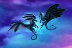  ambiguous_gender blue_skin claws curved_horn detailed_background dragon duo feral flying hair horn membranous_wings night outside selianth wings 