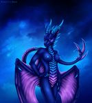  5_fingers anthro blue_scales dragon featureless_crotch horn looking_at_viewer membranous_wings nipples purple_eyes scales selianth solo spines standing wings 