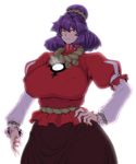  breasts covered_nipples curvy disgust frown hand_on_hip highres hips huge_breasts image_sample juliet_sleeves long_sleeves mirror pixiv_sample plump puffy_sleeves purple_hair red_eyes rope shimenawa short_hair solo space_jin touhou wide_hips yasaka_kanako 