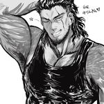  1boy armpit bara body_hair facial_hair final_fantasy final_fantasy_xv gladiolus_amicitia male_focus monochrome muscle scar smile solo tattoo teeth 