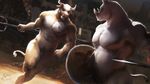  2017 anthro battle biceps bovine cattle digital_media_(artwork) fight holding_object holding_weapon horn male male/male mammal melee_weapon muscular nipples nude otterscience penis polearm public_nudity raised_tail rhinoceros running shield spear sword tags_(disambiguation) teeth weapon 