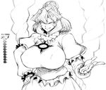  breasts covered_nipples curvy fingernails greyscale hair_ornament hand_on_hip image_sample impossible_clothes large_breasts leaf_hair_ornament mirror monochrome pixiv_sample rope sharp_fingernails shimenawa short_hair skirt smile solo space_jin teeth text_focus touhou translation_request tsurime yasaka_kanako 