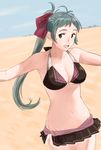  :d bikini bikini_skirt blue_hair blurry breasts cleavage day depth_of_field green_eyes hair_ribbon irako_(kantai_collection) kantai_collection long_hair looking_away medium_breasts microskirt navel ojipon open_mouth outdoors outstretched_arms pleated_skirt ponytail ribbon skirt smile solo swimsuit 