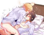  2boys anal ass bed blush cum cum_in_ass cum_while_penetrated cumdrip erection final_fantasy final_fantasy_xv lying male_focus multiple_boys noctis_lucis_caelum penetration penis pillow prompto_argentum school_uniform sex straddling student thrusting wince yaoi 