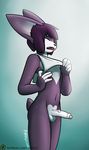  anthro balls black_nose clothing erection eyes_closed fur hair humanoid_penis lagomorph male mammal navel open_mouth partially_retracted_foreskin penis pokyuii purple_fur purple_hair rabbit simple_background solo standing sweat uncut undressing 