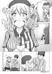  beret bottle bottle_to_cheek burn_scar comic commentary eating english_commentary food greyscale hat highres hitting kantai_collection kashima_(kantai_collection) lawson monochrome robba-san_(wangphing) sandwich scar surprised wangphing 