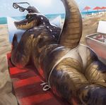  2017 alligator anthro beach beverage big_tail butt can chair clothed clothing crocodilian detailed_background eyewear glasses green_eyes holding_object long_tail looking_at_viewer looking_back lying male on_floor outside partially_clothed raised_tail rear_view relaxing reptile sand scales scalie sea seaside sharp_teeth sky snout soda solo sunny tacklebox teeth thick_tail thick_thighs thong umbrella underwear water 