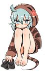  :&lt; ahoge aqua_eyes aqua_hair barefoot blush_stickers body_blush closed_mouth commentary eyebrows_visible_through_hair eyelashes feet feet_together fingernails full_body geta greek_toe hair_between_eyes hand_in_pocket hood hoodie horizontal_stripes jitome jpeg_artifacts kemono_friends legs_together long_sleeves looking_at_viewer no_nose oekaki pocket saiver321 sandals sandals_removed sanpaku shiny shiny_hair shiny_skin simple_background sitting snake_tail solo striped striped_clothes striped_hood striped_hoodie striped_tail tail toenails toes tsuchinoko_(kemono_friends) v-shaped_eyebrows white_background 