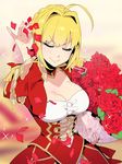  &gt;:) ahoge blonde_hair bouquet breasts cleavage closed_eyes closed_mouth commentary dress epaulettes fate/extra fate/extra_ccc fate/grand_order fate_(series) flower hair_intakes holding holding_bouquet koshiro_itsuki large_breasts meme nero_claudius_(fate) nero_claudius_(fate)_(all) parody petals red_dress red_flower red_rose rose salt_bae_(meme) short_hair smile solo sparkle v-shaped_eyebrows 