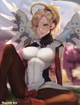  absurdres arm_support artist_name blonde_hair blue_eyes blurry blurry_background bodysuit breasts brown_legwear cherry_blossoms eyes_visible_through_hair faulds hand_on_own_chest high_ponytail highres large_breasts leaning_back leg_up light_smile looking_at_viewer mayrel mechanical_halo mechanical_wings mercy_(overwatch) no_shoes outdoors overwatch pantyhose pelvic_curtain revision signature sitting solo spread_legs wings 