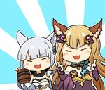  animal_ears arito_arayuru brown_hair chibi closed_eyes cup erune granblue_fantasy grey_hair korwa long_hair metera_(granblue_fantasy) mug multiple_girls open_mouth thumbs_up 