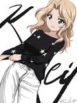  adjusting_clothes artist_name black_shirt blonde_hair blue_eyes bukkuri casual character_name commentary_request cowboy_shot cursive dated denim girls_und_panzer hair_intakes highres jeans kay_(girls_und_panzer) long_hair long_sleeves looking_at_viewer pants parted_lips romaji shirt signature sketch smile solo standing star white_background white_pants 