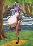  2017 anthro antlers belly big_belly black_nipples brown_fur cervine deer dominique_(bionichound) featureless_crotch forest fur green_eyes hair hooves horn long_hair male male_pregnancy mammal navel nipples nude outside pose pregnant purple_hair raised_leg rock solo spots spottedtigress tree water white_fur yoga 