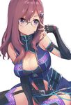  adjusting_eyewear bangs black_legwear breasts brown_hair cleavage closed_mouth commentary_request elbow_gloves fingerless_gloves garter_straps glasses gloves hair_between_eyes hair_ornament hand_up highres idolmaster idolmaster_cinderella_girls large_breasts long_hair looking_to_the_side purple_eyes science_fiction semi-rimless_eyewear simple_background sitting solo tetsujin_momoko thighhighs white_background yagami_makino 