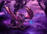  claws day detailed_background dragon horn membranous_wings outside purple_scales scales selianth sitting sky spines tree water wings 