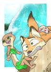  2017 anthro canine clothed clothing cloud disney duo female fox grass_skirt green_eyes ittybittykittytittys kris_(zootopia) lying male mammal mustelid nick_wilde on_front open_mouth open_smile otter size_difference sky smile standing surfboard surfing sweat sweatdrop water wave zootopia 