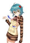  animal_print aqua_hair blush breasts green_eyes hair_ornament hood hood_down hoodie kemono_friends long_sleeves looking_at_viewer looking_back ribbon shiny shiny_hair short_sleeves simple_background small_breasts solo striped_hoodie tsuchinoko_(kemono_friends) white_background yuhuan 