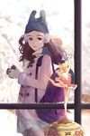  antweiyi bag ballerina blue_hat blurry blurry_background brown_hair camera coat commentary earmuffs handbag hat highres holding holding_camera long_hair looking_at_viewer original scarf skirt snow solo white_skirt window 