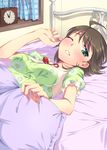  ahoge awakened_miki bed blush breasts brown_hair clock green_eyes hoshii_miki idolmaster idolmaster_(classic) looking_at_viewer maru_(sara_duke) medium_breasts one_eye_closed pajamas short_hair solo 