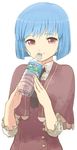  bad_id bad_pixiv_id blue_hair bob_cut bottle capelet close-up face hands highres kurobuta_gekkan looking_at_viewer necktie original product_placement red_eyes short_hair smile solo upper_body water_bottle 