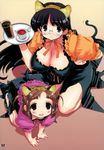  absurdres all_fours animal_ears arm_support black_hair breasts brown_eyes brown_hair carrying cat_ears cat_tail child covered_nipples cup drink frills glasses hair_bobbles hair_ornament highres kazumi_yoshiyuki kneeling large_breasts looking_at_viewer multiple_girls on_floor open_mouth original rimless_eyewear sleeves_past_elbows soda tail tea teacup thick_eyebrows tray two_side_up 