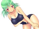  bent_over breast_hold breasts cleavage competition_school_swimsuit green_hair hand_on_thigh kikugato large_breasts one-piece_swimsuit original purple_eyes school_swimsuit short_hair solo swimsuit twintails 