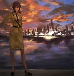  bad_id bad_pixiv_id belt building city cityscape cloud ghost_in_the_shell hand_on_hip high_heels kusanagi_motoko lights military military_uniform mochikko_(cocoa0101) necktie purple_hair red_eyes sam_browne_belt shoes shoulder_belt skirt sky skyscraper solo thighhighs uniform water 