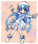  blue_eyes blue_hair dress hat ikamusume kusumi_ranma long_hair outstretched_arms shinryaku!_ikamusume solo spread_arms tentacle_hair 