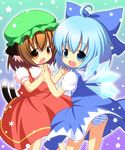  chen cirno holding_hands multiple_girls panties pantyshot pila-pela striped striped_panties touhou underwear wings 