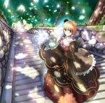  beatrice black_flower black_rose blonde_hair blue_eyes bow breasts bug butterfly choker cleavage dress flower hair_flower hair_ornament highres insect large_breasts moss pink_bow rose solo stairs tree umineko_no_naku_koro_ni zen_(weishanzhe) 