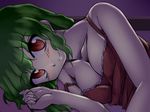  babydoll bad_id bad_pixiv_id bare_shoulders breasts cleavage collarbone geppewi green_hair happy kazami_yuuka large_breasts looking_at_viewer lying on_side red_eyes short_hair smile solo strap_slip touhou 