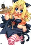  absurdres animal_ears bell blue_eyes breasts carrying cat_ears cleavage drink hair_bell hair_ornament highres long_hair looking_at_viewer medium_breasts neck_ribbon open_mouth ribbon simple_background solo sorimura_youji striped striped_legwear tail thighhighs tray white_background 