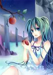  apple aqua_eyes aqua_hair aqua_nails column dress food fruit hatsune_miku holding holding_food holding_fruit long_hair maria_(m-twi) nail_polish open_mouth pillar sitting solo vocaloid 