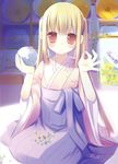  absurdres blonde_hair candy copyright_request food highres hinayuki_usa japanese_clothes kimono konpeitou long_hair looking_at_viewer smile solo twintails very_long_hair 