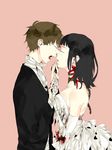  1girl bad_id bad_pixiv_id blood copyright_request dress gakkou_de_atta_kowai_hanashi guro highres manda_(tyomesuke) ribbon skeleton tears wedding wedding_dress 
