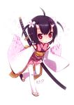  bad_id bad_pixiv_id black_hair cherry_blossoms detached_sleeves highres horns japanese_clothes kiira kimono kohinomoto ninja obi oni original petals red_eyes sandals sash short_hair short_kimono solo sword thighhighs twintails weapon zouri 