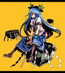  blue_hair boots food fruit hat hinanawi_tenshi keystone kumadano long_hair peach red_eyes rock rope shide shimenawa sitting solo touhou 