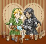  2girls bad_id bad_pixiv_id black_hair blonde_hair blue_eyes coffee core dark_link dark_skin earrings fairy genderswap genderswap_(mtf) gloves hakobe_(ichiru) hat heart jewelry link milk morpha multiple_girls navi pointy_ears red_eyes striped striped_background the_legend_of_zelda the_legend_of_zelda:_ocarina_of_time 