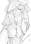  breasts cleavage gloves greyscale hair_over_one_eye hat highres large_breasts monochrome sketch solo star_driver suspenders toryuu watanabe_kanako 