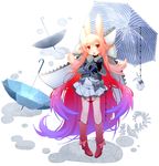  animal_ears boots bow coat dress gloves gradient_hair hair_bow highres long_hair moonyan multicolored_hair open_mouth orange_eyes original solo two-tone_hair umbrella very_long_hair 