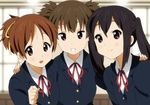  :o black_hair blazer brown_eyes brown_hair grin hair_ribbon hand_on_shoulder hirasawa_ui jacket k-on! long_hair multiple_girls nakano_azusa neck_ribbon open_mouth ponytail red_ribbon ribbon school_uniform short_hair short_twintails smile suzuki_jun twintails upper_body yamasaki_wataru 