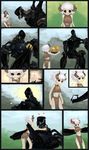  black_eyes carrying comic demon_girl flower food fruit heart highres horns lift loincloth midriff original robot sage_(mami1210) silent_comic size_difference sweatdrop white_hair 