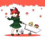  aki_minoriko aki_shizuha basket blonde_hair bow braid chibi food fruit grapes kaenbyou_rin leaf long_hair maple_leaf multiple_girls red_hair short_hair sweet_potato touhou urushi wheelbarrow zombie_fairy 