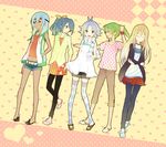  afuro_terumi ahoge animal_slippers blue_eyes blue_hair bunny_slippers casual closed_eyes crossdressing dress eyepatch fubuki_shirou green_hair hair_over_one_eye inazuma_eleven inazuma_eleven_(series) kazemaru_ichirouta long_hair midorikawa_ryuuji multiple_boys otoko_no_ko sakuma_jirou scarf short_dress short_hair shorts simple_background striped striped_scarf tayako thighhighs white_hair 