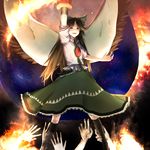  arm_cannon bad_id bad_pixiv_id black_hair bow cape chirigami-san hair_bow hands long_hair red_eyes reiuji_utsuho solo third_eye touhou weapon 