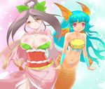  :d aqua_hair black_hair breasts cleavage curvy fins flat_chest head_fins huge_breasts japanese_clothes kimono leaf long_hair looking_at_viewer mermaid midriff mokomoko_yanakku monster_girl multiple_girls nanami_(ookami) navel nipples ookami_(game) ookamiden open_mouth red_eyes sakuya_(ookami) scales smile yellow_eyes 