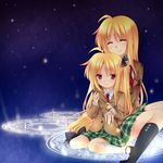  467_(artist) ahoge bad_id bad_pixiv_id blazer blonde_hair closed_eyes dual_persona fate_testarossa hair_ribbon highres jacket kneehighs lyrical_nanoha magic_circle mahou_shoujo_lyrical_nanoha mahou_shoujo_lyrical_nanoha_a's mahou_shoujo_lyrical_nanoha_strikers mary_janes multiple_girls necktie plaid red_eyes ribbon school_uniform shoes skirt time_paradox 